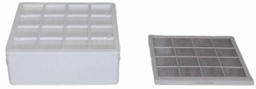 Differences between an air purifier and a dehumidifier-A HEPA air filter from an air purifier on the left and a dehumidifier filter on the right